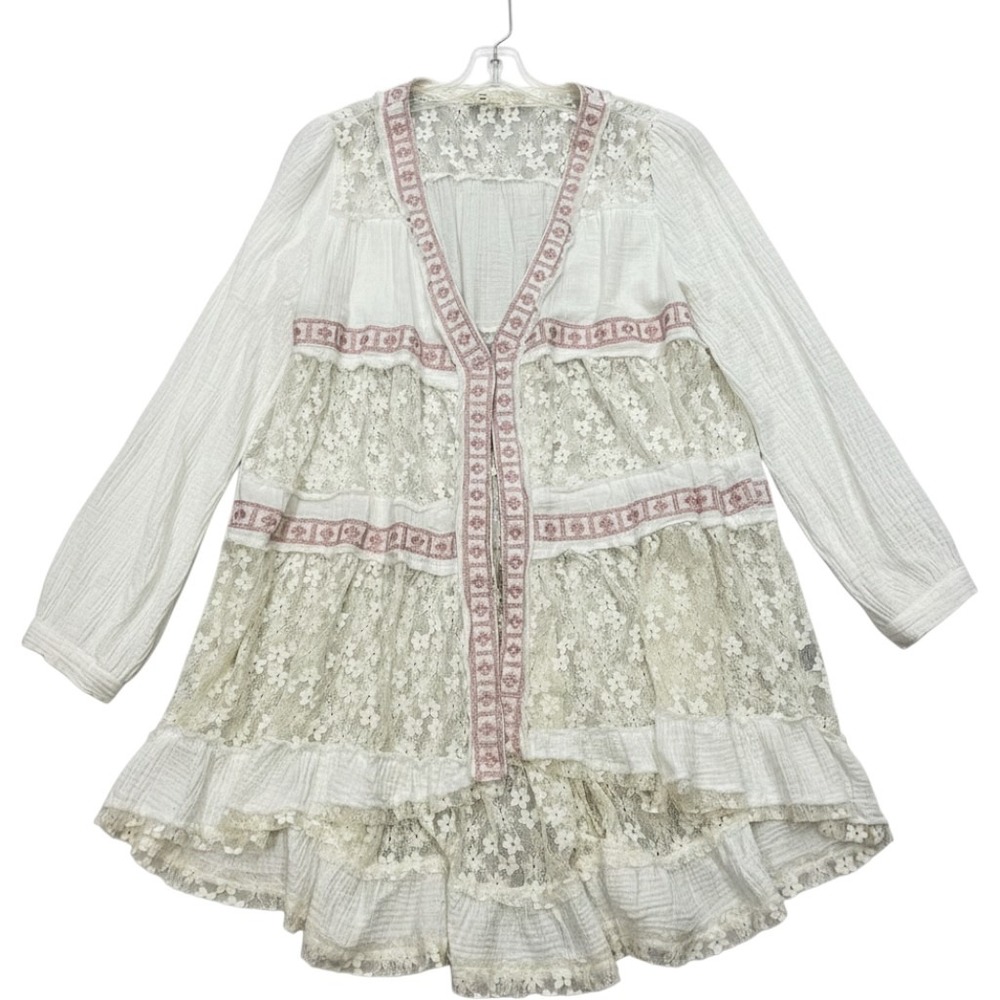 Boho CottageCore Lagenlook Cardigan Small Lace Sheer Tiered Embroidery Duster